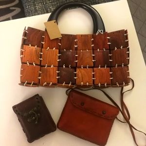 Small leather pouches and handbag made with coconut shell